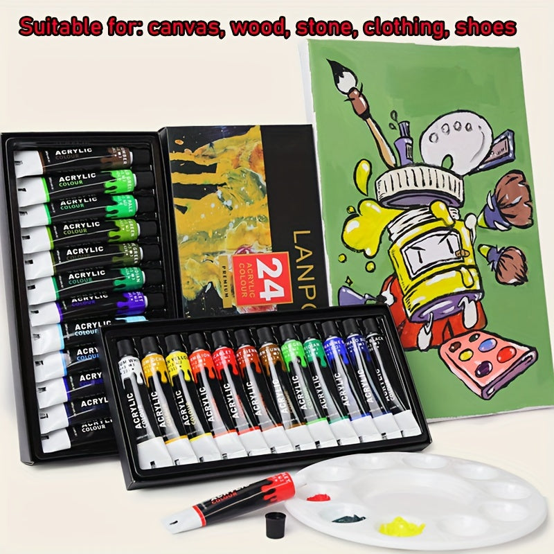 12/24 Colors Acrylic Paint Set - 12ml Aluminum Tubes - Painting Art Supplies for Canvas, Clothing, Shoes, Stone, and Wood Surfaces