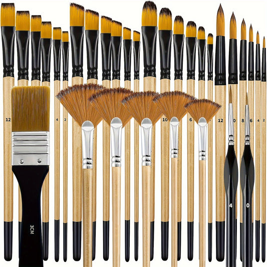 32pcs Paint Brush Set, Artist Series, Nylon Bristles With Round, Filbert, Flat, Fan, Angle, Fine Detail Brush, Suitable For Artists And Beginners For Acrylic Painting, Oil, Watercolor