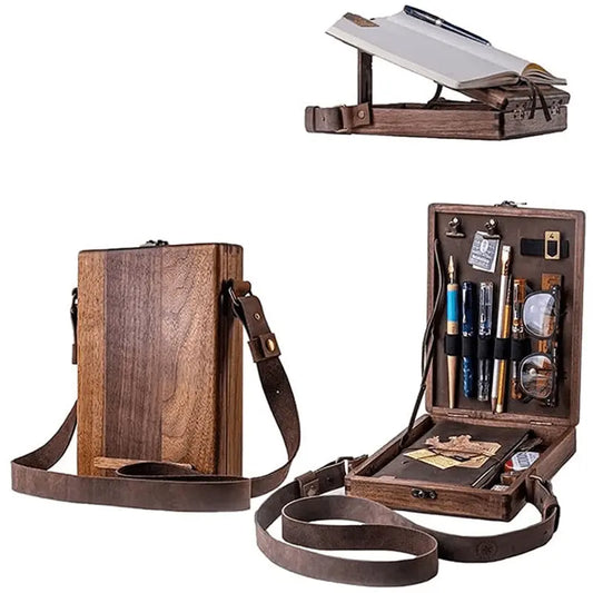 Hand-made Wooden Crossbody Bag with Multi-functional Artist Tools Storage Box - Wood Color