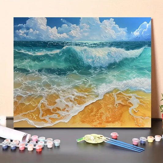 "Adult Beginner DIY Acrylic Painting Set – Digital Seaside Wave Canvas Wall Art (40.64x50.8 cm) – Includes Acrylic Paints and Brushes"